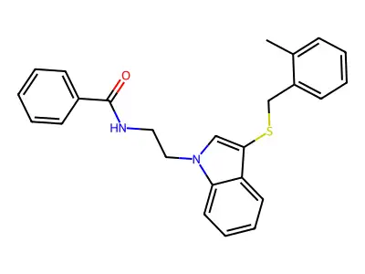 N-[2-[3-[(2-methylphenyl)methylsulfanyl]indol-1-yl]ethyl]benzamide structure