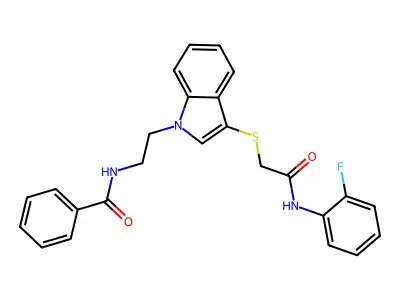 N-[2-[3-[2-(2-fluoroanilino)-2-oxoethyl]sulfanylindol-1-yl]ethyl]benzamide structure