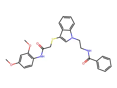 N-(2-(3-((2-((2,4-dimethoxyphenyl)amino)-2-oxoethyl)thio)-1H-indol-1-yl)ethyl)benzamide structure