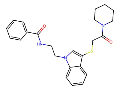 N-(2-(3-((2-oxo-2-(piperidin-1-yl)ethyl)thio)-1H-indol-1-yl)ethyl)benzamide structure
