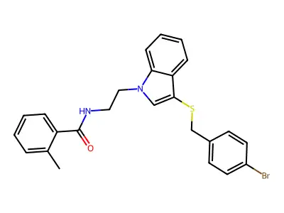 N-[2-[3-[(4-bromophenyl)methylsulfanyl]indol-1-yl]ethyl]-2-methylbenzamide structure