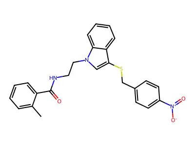 2-methyl-N-[2-[3-[(4-nitrophenyl)methylsulfanyl]indol-1-yl]ethyl]benzamide structure