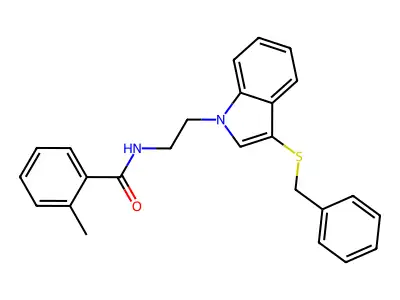 N-(2-(3-(benzylthio)-1H-indol-1-yl)ethyl)-2-methylbenzamide structure