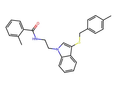 2-methyl-N-[2-[3-[(4-methylphenyl)methylsulfanyl]indol-1-yl]ethyl]benzamide structure