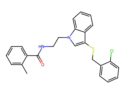 N-(2-(3-((2-chlorobenzyl)thio)-1H-indol-1-yl)ethyl)-2-methylbenzamide structure