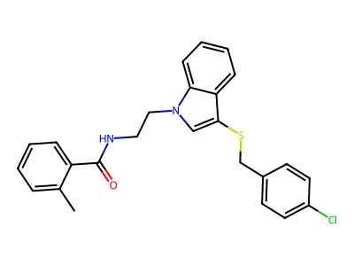 N-(2-(3-((4-chlorobenzyl)thio)-1H-indol-1-yl)ethyl)-2-methylbenzamide structure
