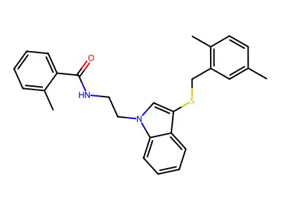N-(2-(3-((2,5-dimethylbenzyl)thio)-1H-indol-1-yl)ethyl)-2-methylbenzamide structure