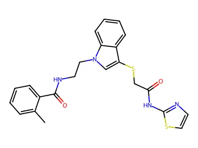 2-methyl-N-(2-(3-((2-oxo-2-(thiazol-2-ylamino)ethyl)thio)-1H-indol-1-yl)ethyl)benzamide structure