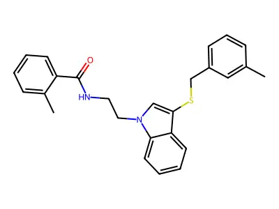 2-methyl-N-[2-[3-[(3-methylphenyl)methylsulfanyl]indol-1-yl]ethyl]benzamide structure
