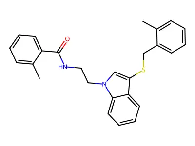 2-methyl-N-(2-(3-((2-methylbenzyl)thio)-1H-indol-1-yl)ethyl)benzamide structure