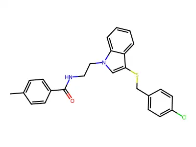 N-(2-(3-((4-chlorobenzyl)thio)-1H-indol-1-yl)ethyl)-4-methylbenzamide structure