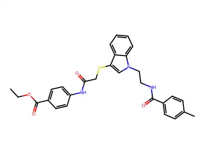 Ethyl 4-[[2-[1-[2-[(4-methylbenzoyl)amino]ethyl]indol-3-yl]sulfanylacetyl]amino]benzoate structure