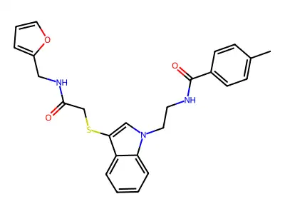 N-(2-(3-((2-((furan-2-ylmethyl)amino)-2-oxoethyl)thio)-1H-indol-1-yl)ethyl)-4-methylbenzamide structure