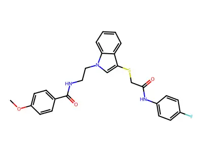 N-{2-[3-({[(4-fluorophenyl)carbamoyl]methyl}sulfanyl)-1H-indol-1-yl]ethyl}-4-methoxybenzamide structure