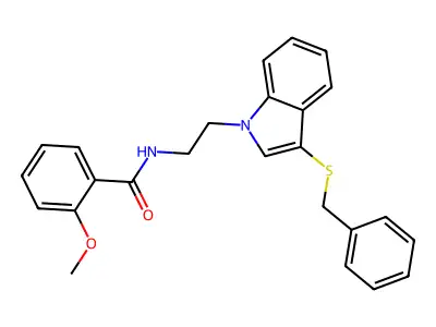 N-(2-(3-(benzylthio)-1H-indol-1-yl)ethyl)-2-methoxybenzamide structure