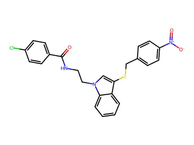 4-chloro-N-[2-[3-[(4-nitrophenyl)methylsulfanyl]indol-1-yl]ethyl]benzamide structure