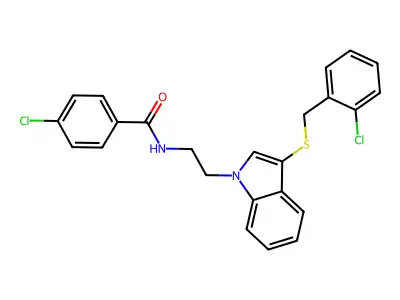 4-chloro-N-[2-[3-[(2-chlorophenyl)methylsulfanyl]indol-1-yl]ethyl]benzamide structure