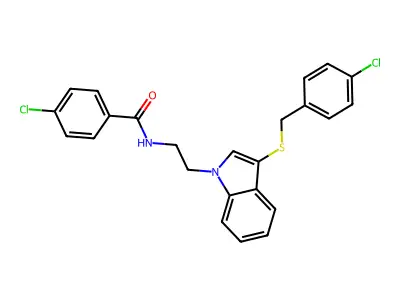 4-chloro-N-[2-[3-[(4-chlorophenyl)methylsulfanyl]indol-1-yl]ethyl]benzamide structure
