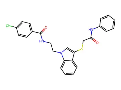 N-[2-[3-(2-anilino-2-oxoethyl)sulfanylindol-1-yl]ethyl]-4-chlorobenzamide structure