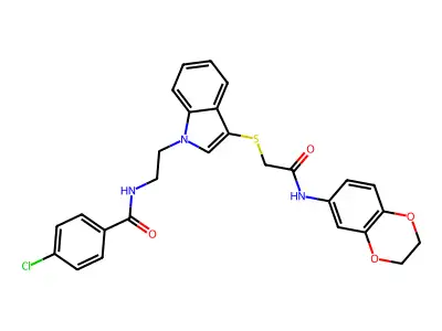 4-chloro-N-(2-(3-((2-((2,3-dihydrobenzo[b][1,4]dioxin-6-yl)amino)-2-oxoethyl)thio)-1H-indol-1-yl)ethyl)benzamide structure