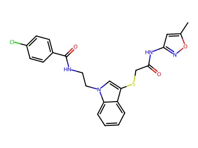 4-chloro-N-[2-[3-[2-[(5-methyl-1,2-oxazol-3-yl)amino]-2-oxoethyl]sulfanylindol-1-yl]ethyl]benzamide structure