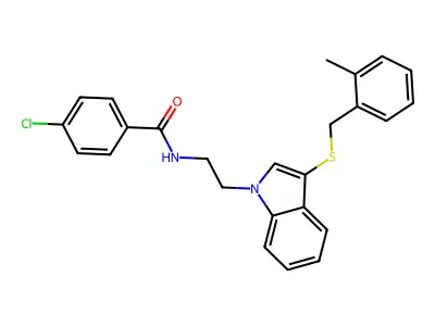 4-chloro-N-[2-[3-[(2-methylphenyl)methylsulfanyl]indol-1-yl]ethyl]benzamide structure