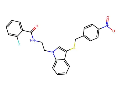 2-fluoro-N-[2-[3-[(4-nitrophenyl)methylsulfanyl]indol-1-yl]ethyl]benzamide structure