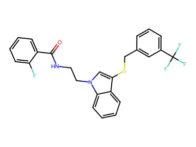 2-fluoro-N-{2-[3-({[3-(trifluoromethyl)phenyl]methyl}sulfanyl)-1H-indol-1-yl]ethyl}benzamide structure