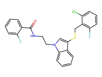 N-[2-(3-{[(2-chloro-6-fluorophenyl)methyl]sulfanyl}-1H-indol-1-yl)ethyl]-2-fluorobenzamide structure