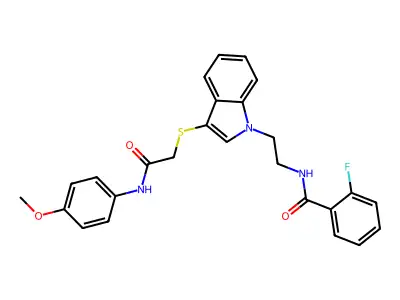 2-fluoro-N-{2-[3-({[(4-methoxyphenyl)carbamoyl]methyl}sulfanyl)-1H-indol-1-yl]ethyl}benzamide structure