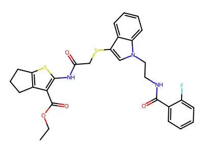 ethyl 2-{2-[(1-{2-[(2-fluorophenyl)formamido]ethyl}-1H-indol-3-yl)sulfanyl]acetamido}-4H,5H,6H-cyclopenta[b]thiophene-3-carboxylate structure