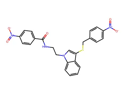4-nitro-N-[2-[3-[(4-nitrophenyl)methylsulfanyl]indol-1-yl]ethyl]benzamide structure