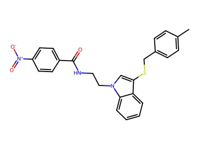 N-[2-[3-[(4-methylphenyl)methylsulfanyl]indol-1-yl]ethyl]-4-nitrobenzamide structure