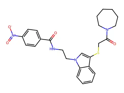 N-[2-[3-[2-(azepan-1-yl)-2-oxoethyl]sulfanylindol-1-yl]ethyl]-4-nitrobenzamide structure