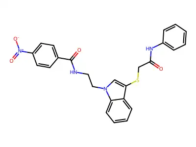 4-nitro-N-(2-(3-((2-oxo-2-(phenylamino)ethyl)thio)-1H-indol-1-yl)ethyl)benzamide structure