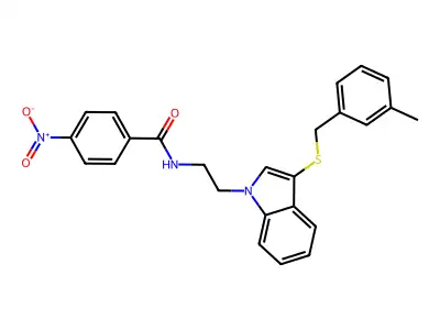N-(2-(3-((3-methylbenzyl)thio)-1H-indol-1-yl)ethyl)-4-nitrobenzamide structure