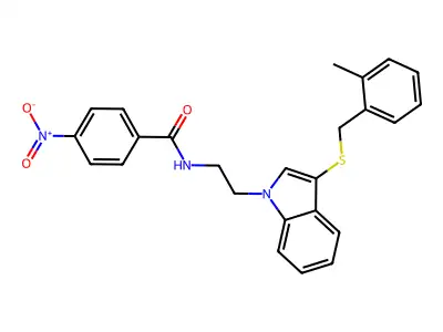 N-(2-(3-((2-methylbenzyl)thio)-1H-indol-1-yl)ethyl)-4-nitrobenzamide structure