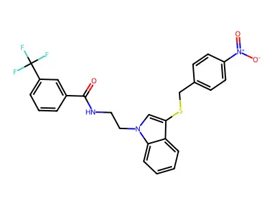 N-[2-(3-{[(4-nitrophenyl)methyl]sulfanyl}-1H-indol-1-yl)ethyl]-3-(trifluoromethyl)benzamide structure