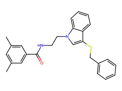 N-(2-(3-(benzylthio)-1H-indol-1-yl)ethyl)-3,5-dimethylbenzamide structure