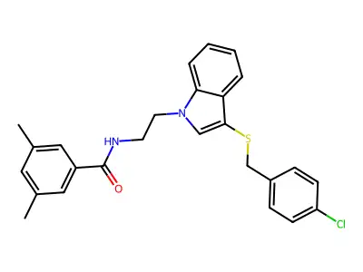 N-(2-(3-((4-chlorobenzyl)thio)-1H-indol-1-yl)ethyl)-3,5-dimethylbenzamide structure