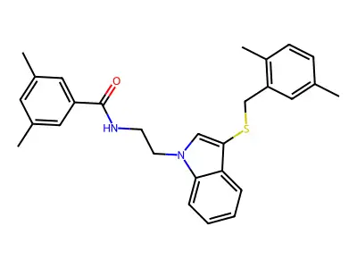 N-(2-(3-((2,5-dimethylbenzyl)thio)-1H-indol-1-yl)ethyl)-3,5-dimethylbenzamide structure