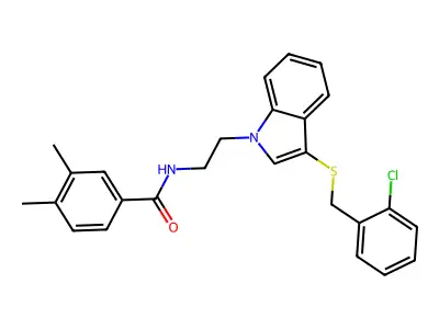 N-(2-(3-((2-chlorobenzyl)thio)-1H-indol-1-yl)ethyl)-3,4-dimethylbenzamide structure