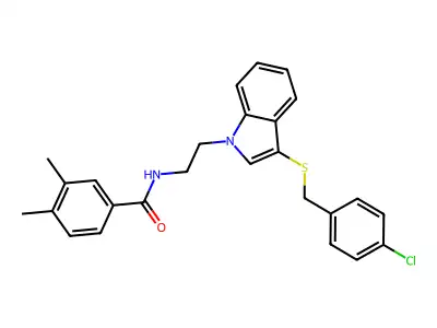 N-(2-(3-((4-chlorobenzyl)thio)-1H-indol-1-yl)ethyl)-3,4-dimethylbenzamide structure