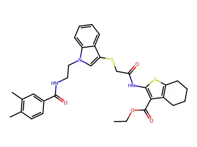 ethyl 2-(2-((1-(2-(3,4-dimethylbenzamido)ethyl)-1H-indol-3-yl)thio)acetamido)-4,5,6,7-tetrahydrobenzo[b]thiophene-3-carboxylate structure