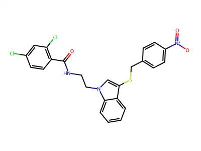 2,4-dichloro-N-[2-[3-[(4-nitrophenyl)methylsulfanyl]indol-1-yl]ethyl]benzamide structure