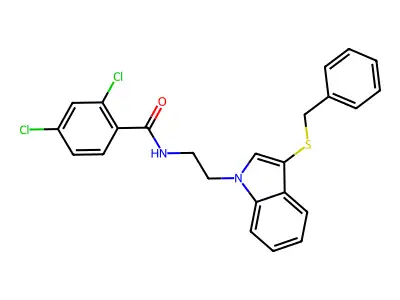 N-(2-(3-(benzylthio)-1H-indol-1-yl)ethyl)-2,4-dichlorobenzamide structure