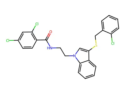 2,4-dichloro-N-[2-[3-[(2-chlorophenyl)methylsulfanyl]indol-1-yl]ethyl]benzamide structure