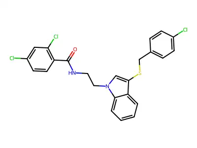 2,4-dichloro-N-[2-[3-[(4-chlorophenyl)methylsulfanyl]indol-1-yl]ethyl]benzamide structure