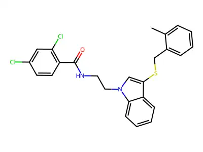 2,4-dichloro-N-[2-[3-[(2-methylphenyl)methylsulfanyl]indol-1-yl]ethyl]benzamide structure