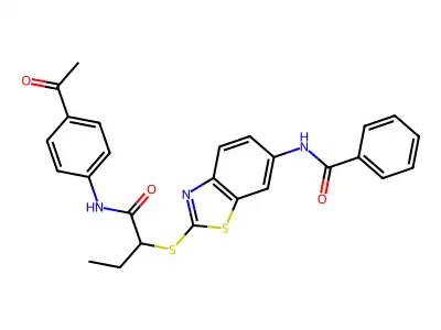 N-[2-({1-[(4-acetylphenyl)amino]-1-oxobutan-2-yl}sulfanyl)-1,3-benzothiazol-6-yl]benzamide structure